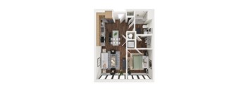 A top down view of a small apartment with a kitchen, living room, and bedroom.