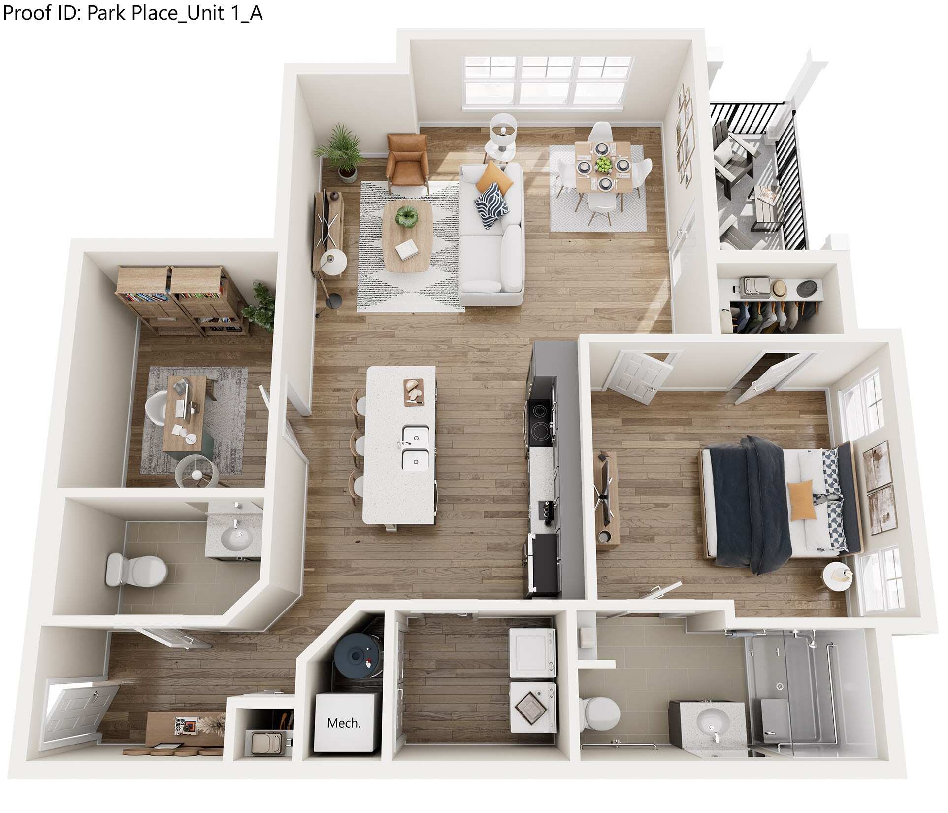 A top-down view of a modern apartment layout with a kitchen, living room, and bathroom.
