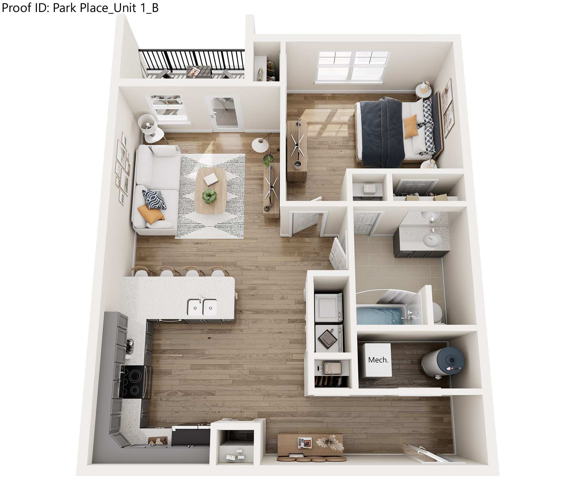 A top-down view of a small apartment layout with a bedroom, living room, and kitchen.