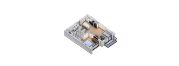 A 3D floor plan of a house with a living room, kitchen, and two bedrooms.