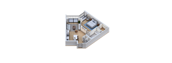 A top-down view of a small apartment with a bedroom, living room, and kitchen.