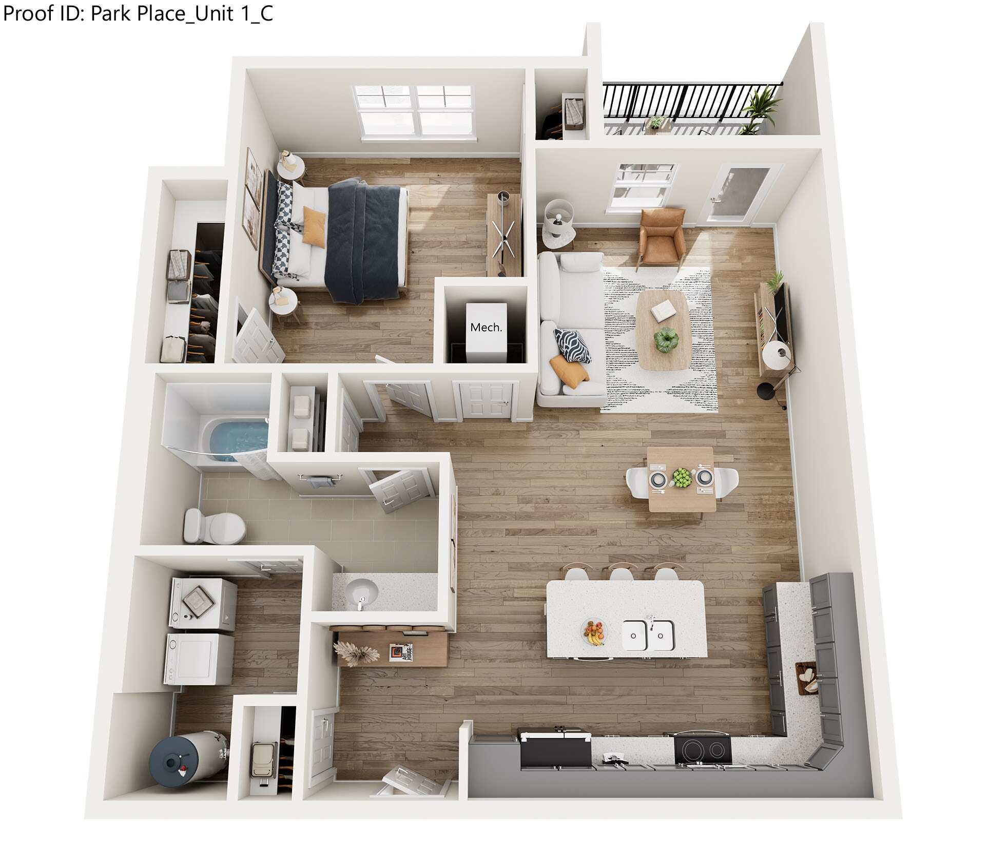 A top-down view of a small apartment layout with a kitchen, living room, and bedroom.