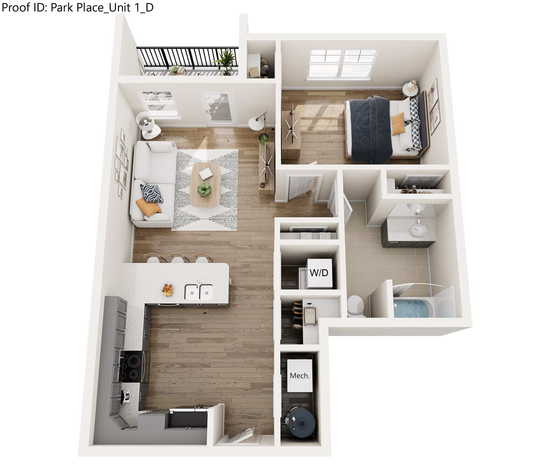 A floor plan of a one bedroom apartment with a living room, kitchen, and bathroom.