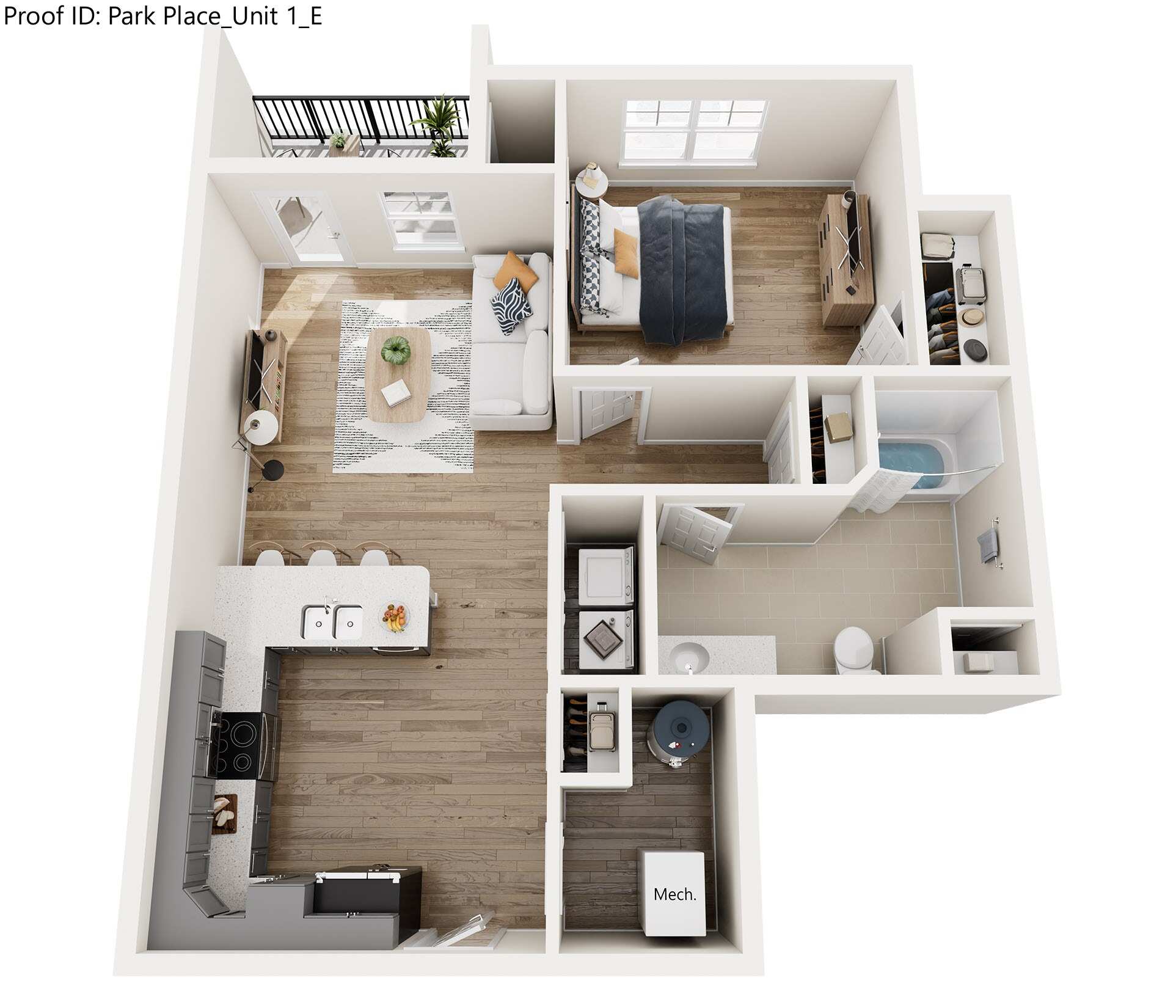 A top-down view of a small apartment with a kitchen, living room, and bedroom.