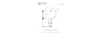 A floor plan for a 1 bedroom, 1 bathroom apartment at The Mile Coral Gables.