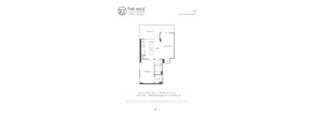 A floor plan for a one bedroom, one bathroom apartment at The Mile Coral Gables.