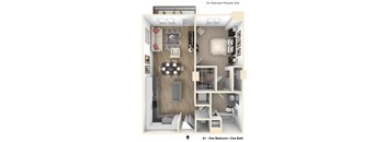 A 3D illustration of a small apartment layout with one bedroom and one bathroom.