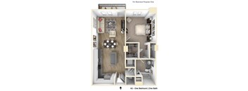 A 3D floor plan of a one bedroom apartment with one bathroom.