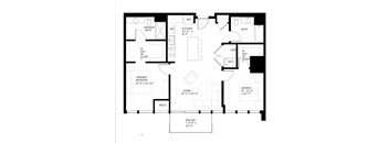 A black and white floor plan of a house with a living room, bedrooms, and a kitchen.