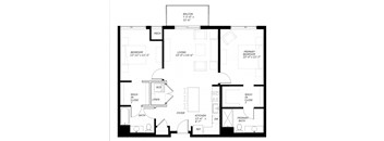 A black and white floor plan of a house with a balcony, two bedrooms, a living room, a kitchen, a bathroom, a foyer, a walk-in closet, and a lounge.