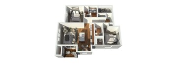 A 3D floor plan of a house with multiple rooms.
