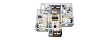 A 3D floor plan of a house with a living room, kitchen, dining room, and bedrooms.