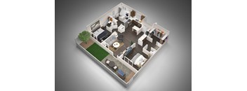 A 3D rendered image of a house layout.