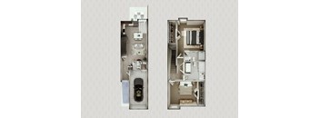 Two floor plans of a house with a car parked in the garage.
