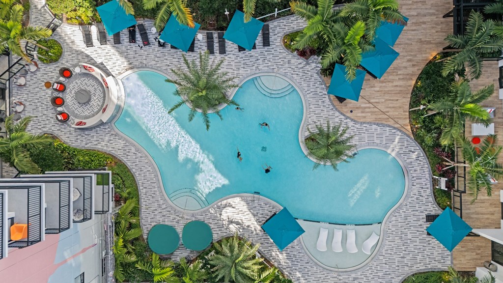 A large outdoor swimming pool surrounded by lounge chairs and palm trees.