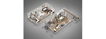 A 3D rendered image of two different floor plans of a house.
