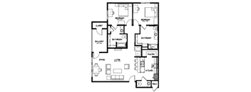 A black and white image of a house floor plan with a living room, dining room, kitchen, pantry, two bedrooms, two bathrooms, and a closet.