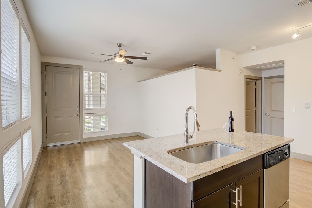 Kitchen and Living room view with kitchen island
