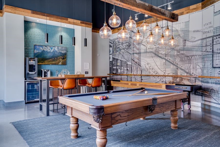 Pool table in Lounge with coffee bar and tables