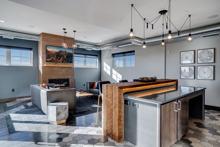 Club room seating and kitchen