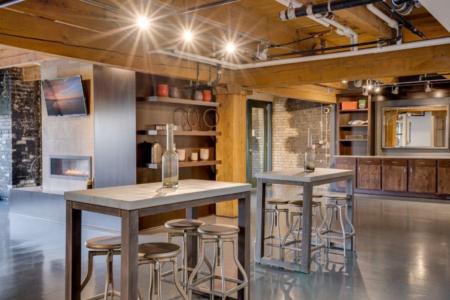 Work tables and coffee bar in historic building lobby