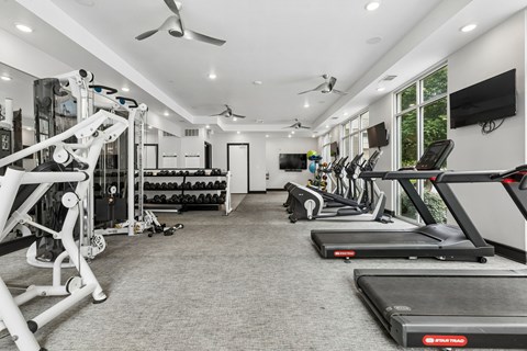 A spacious gym with treadmills, weights, and exercise equipment.