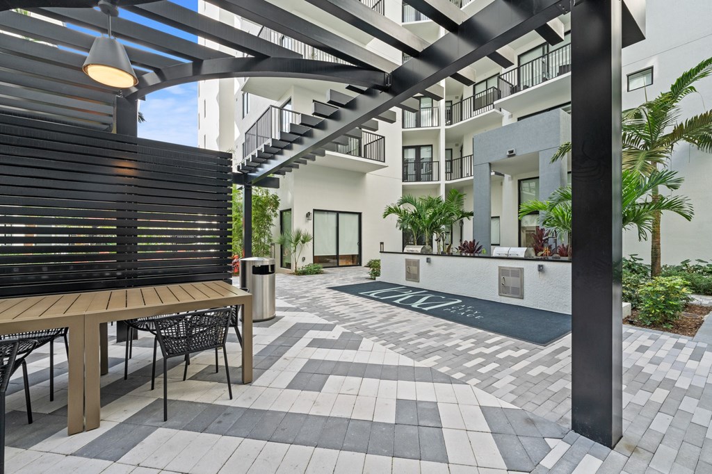 A patio with with outdoor summer kitchen and two grills