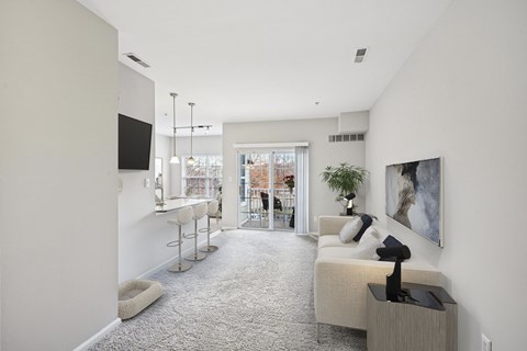 A living room with a grey carpet and a white couch.