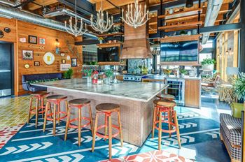 a large kitchen with a large island with stools in front of it