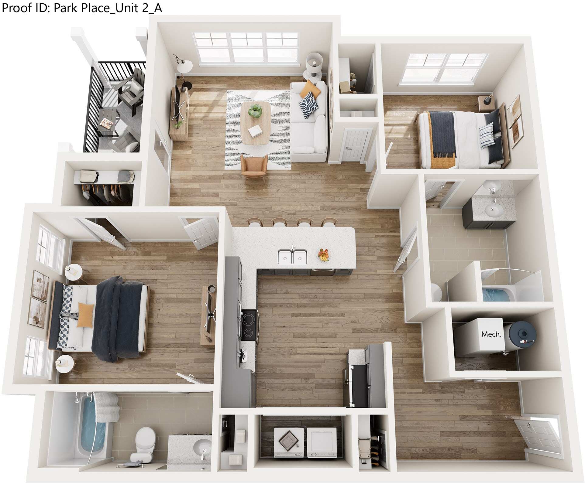 A top-down view of a two-bedroom apartment layout.