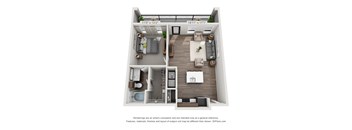 A 3D floor plan of a small apartment with a living room, kitchen, and bathroom.