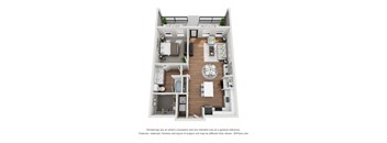 A 3D floor plan of a small apartment with a kitchen, living room, and two bedrooms.