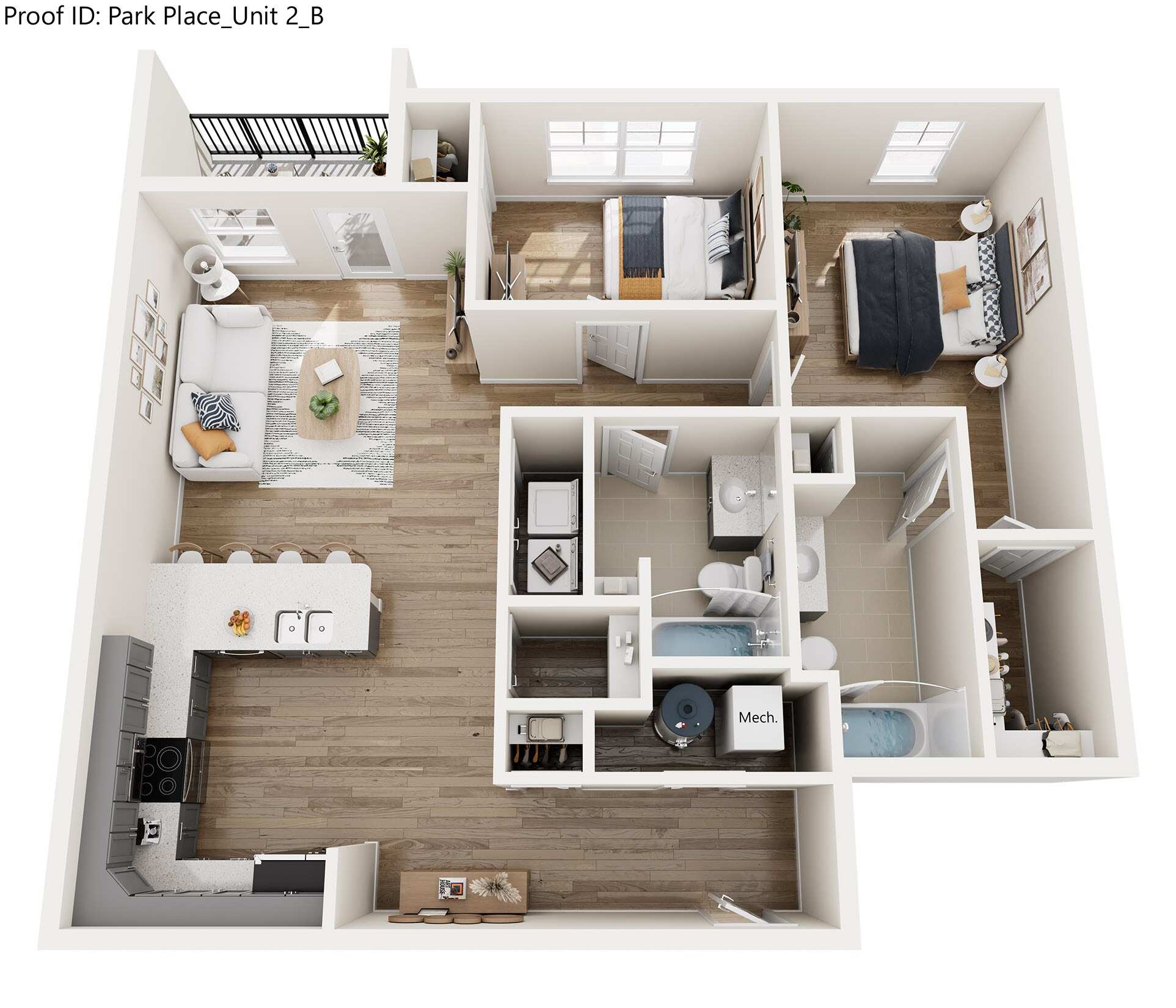 A 3D floor plan of a two-bedroom apartment with a living room, kitchen, and bathroom.