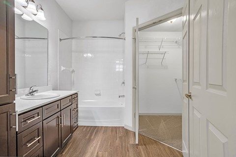 A bathroom with a walk-in shower and a sink.