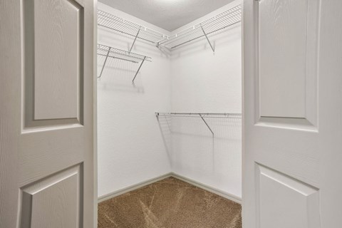 A white closet with a carpeted floor and white walls.