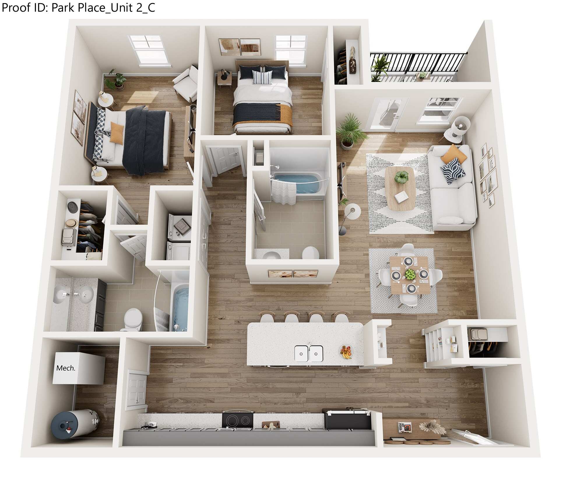A top-down view of a small, neatly organized apartment with a kitchen, living room, and bedroom.