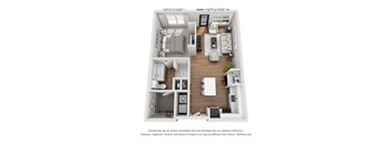 A floor plan of a two-bedroom apartment with a living room, kitchen, and bathroom.