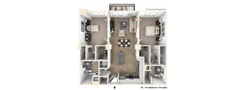 A floor plan of a studio apartment with two bedrooms and one bathroom.