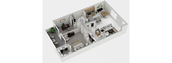 A 3D floor plan of a house with a living room, kitchen, dining room, and bedrooms.
