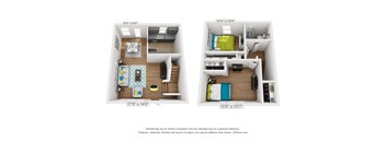 Two floor plans of a house, one with a kitchen and living room, the other with a bedroom and bathroom.