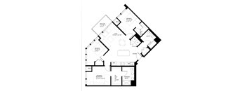A black and white image of a house floor plan with a living room, dining room, kitchen, and multiple bedrooms.