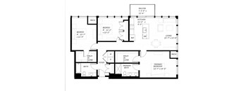A black and white floor plan of a house with a balcony, kitchen, and two bedrooms.