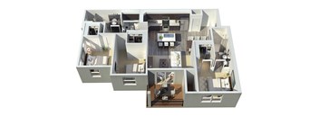 A 3D floor plan of a house with multiple rooms and furniture.