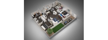 A 3D floor plan of a house with a living room, kitchen, and two bedrooms.