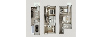 Three different layouts of a small apartment are displayed.