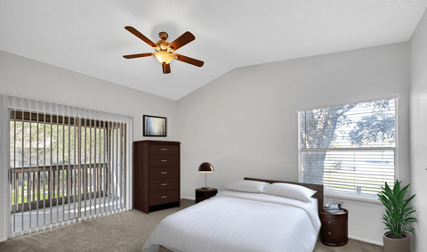 Primary Bedroom with Ceiling Fan - virtually staged