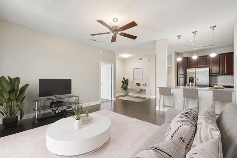 A modern living room with a white couch and a flat screen TV.