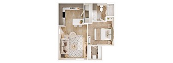 A series of images showing different views of a small, modern apartment.