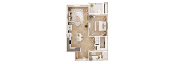 A top-down view of a small apartment with a kitchen, living room, and bathroom.