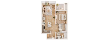 A top-down view of a small apartment with a kitchen, living room, and bathroom.